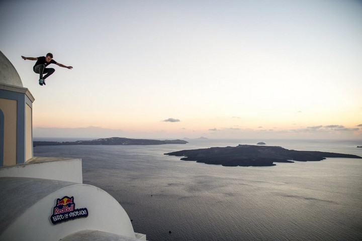 Dante Grazioli of USA performs during the preshoot for the Red Bull Art Of Motion on Santorini island, Greece on September 29th, 2015