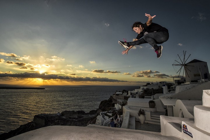 Lusi Romberg of the United States exploring the island of Santorini ahead of the Red Bull Art of Motion freerunning competition in Santorini, Greece on September 30, 2015.